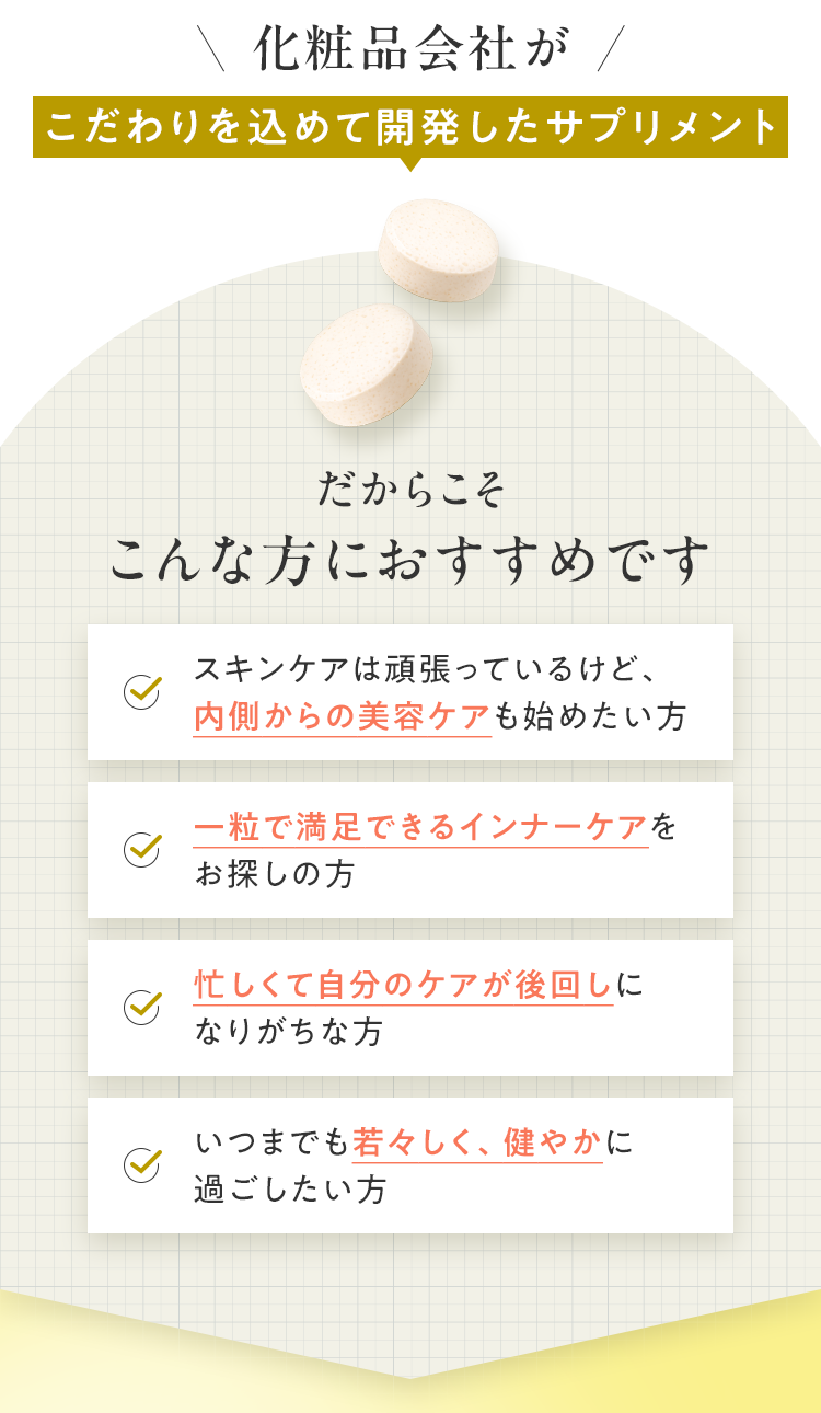 化粧品会社がこだわりを込めて開発したサプリメント｜だからこそこんな方におすすめです スキンケアは頑張っているけど、内側からの美容ケアも始めたい方・一粒で満足できるインナーケアをお探しの方・忙しくて自分のケアが後回しになりがちな方・いつまでも若々しく、健やかに過ごしたい方