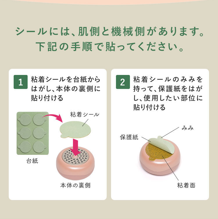 シールには、肌側と機械側があります。下記の⼿順で貼ってください。