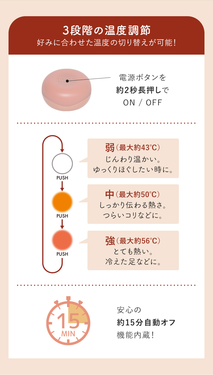 3段階の温度調節 好みに合わせた温度の切り替えが可能！