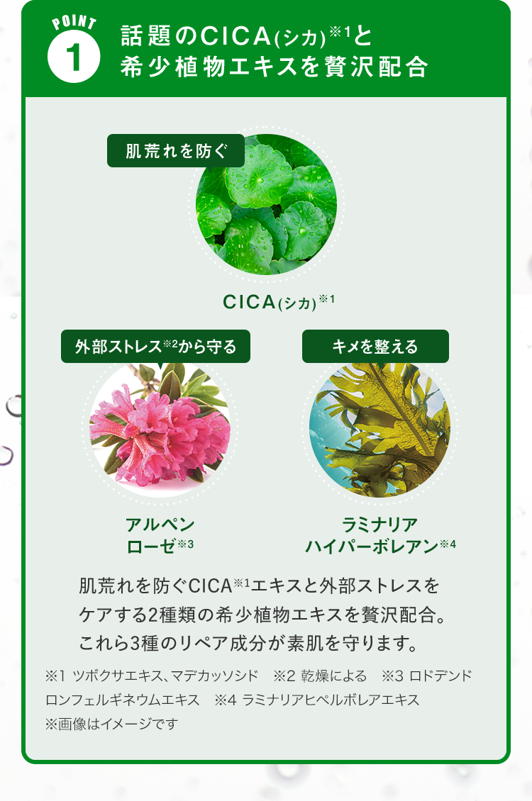 POINT1 話題のCICA(シカ)※1と希少植物エキスを贅沢配合