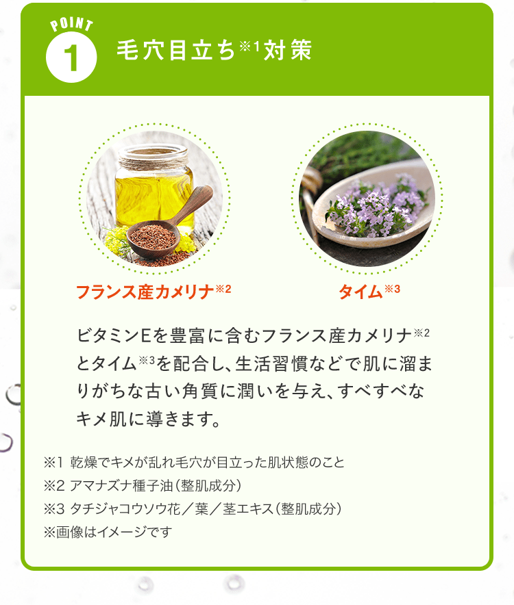 POINT 1.毛穴目立ち※1対策 ビタミンEを豊富に含むフランス産カメリナ※2とタイム※3を配合し、生活習慣などで肌に溜まりがちな古い角質に潤いを与え、すべすべなキメ肌に導きます。 | ※1 乾燥でキメが乱れ毛穴が目立った肌状態のこと ※2 アマナズナ種子油（整肌成分） ※3 タチジャコウソウ花／葉／茎エキス（整肌成分） ※画像はイメージです