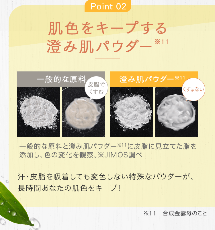Point 02 肌色をキープする澄み肌パウダー※11 一般的な原料と澄み肌パウダー※11に皮脂に見立てた脂を添加し、色の変化を観察。※JIMOS調べ 汗・皮脂を吸着しても変色しない特殊なパウダーが、長時間あなたの肌色をキープ！ ※11 合成金雲母のこと