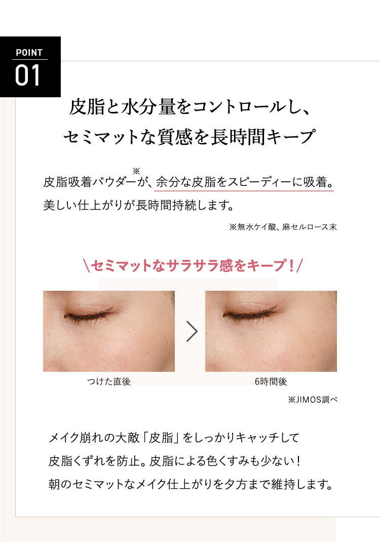 POINT01 皮脂と水分量をコントロールし、セミマットな質感を長時間キープ