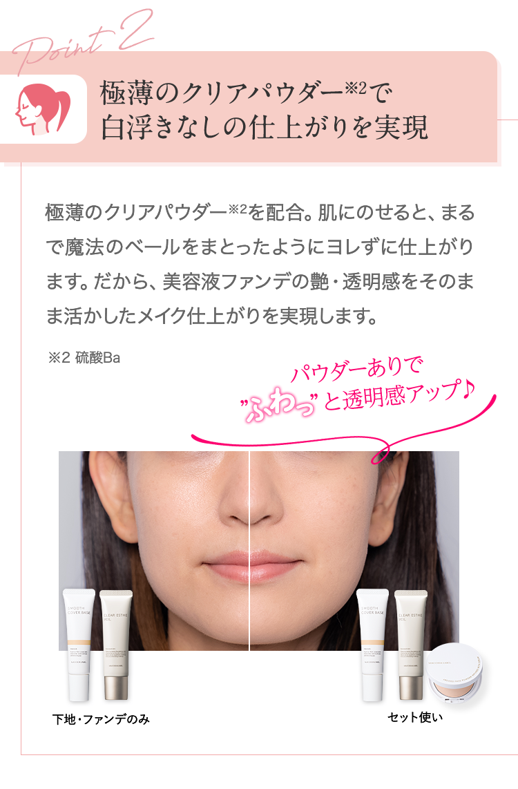 Point2 極薄のクリアパウダー※2で白浮きなしの仕上がりを実現 | ※2 硫酸Ba