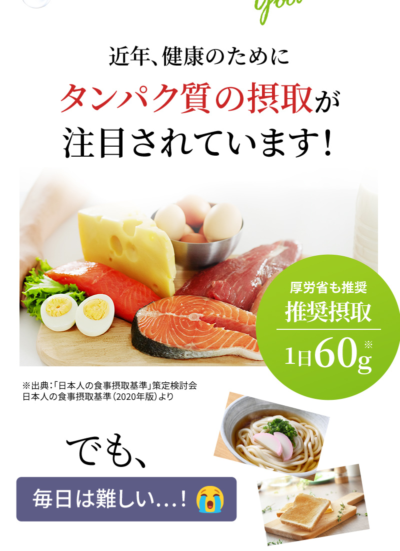 近年、健康のためにタンパク質の摂取が注目されています！でも、毎日は難しい…！