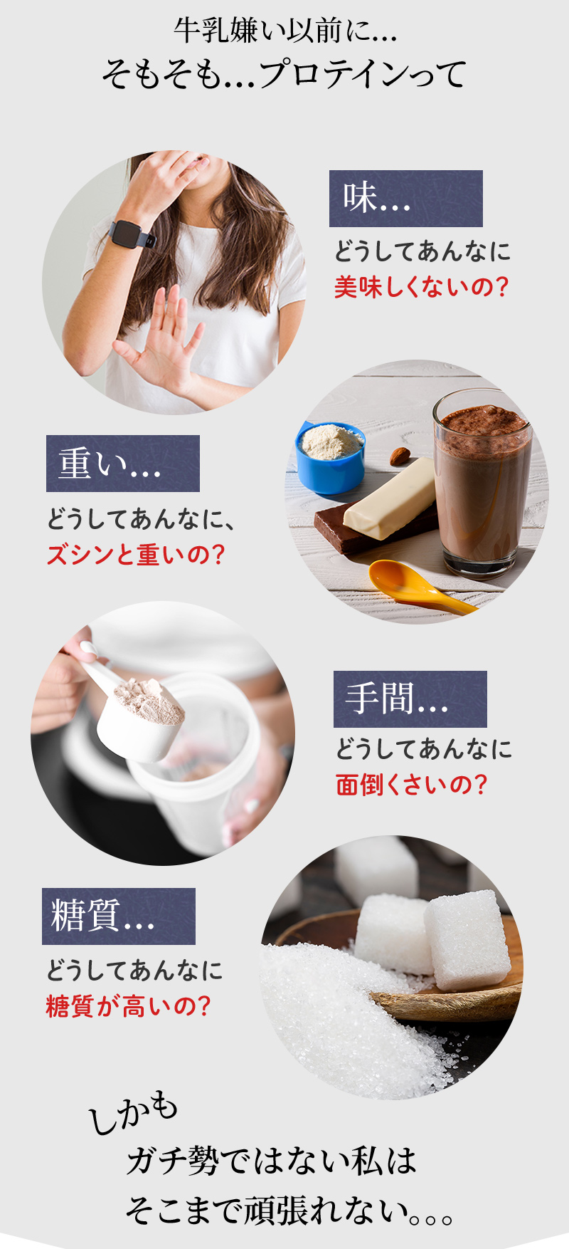 牛乳嫌い以前に…そもそも…プロテインって　味…どうしてあんなに美味しくないの？　重い…どうしてあんなにズシンと重いの？　手間…どうしてあんなに面倒くさいの？　糖質…どうしてあんなに糖質が高いの？