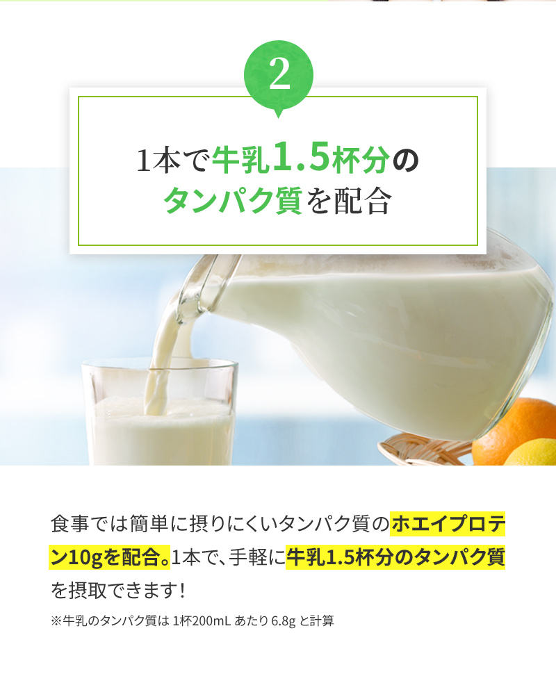 1本で牛乳1.5杯分のタンパク質を配合
