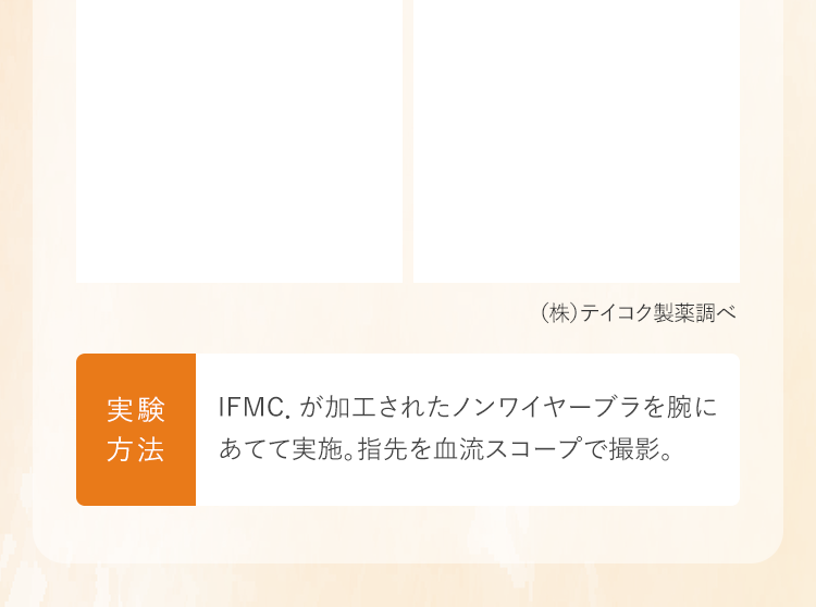 実験方法｜IFMC．が加工されたノンワイヤーブラを腕にあてて実施。指先を血流スコープで撮影。
