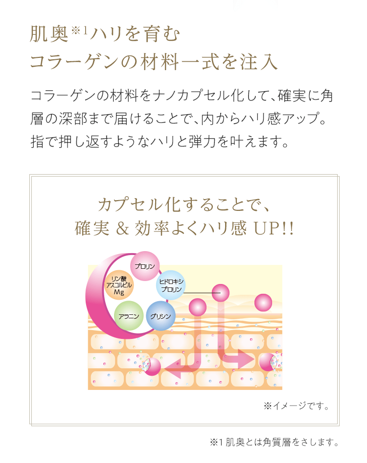 肌奥※1ハリを育むコラーゲンの材料一式を注入 コラーゲンの材料をナノカプセル化して、確実に角層の深部まで届けることで、内からハリ感アップ。指で押し返すようなハリと弾力を叶えます。 カプセル化することで、確実&効率よくハリ感UP!! ※１ 肌奥とは角質層をさします。