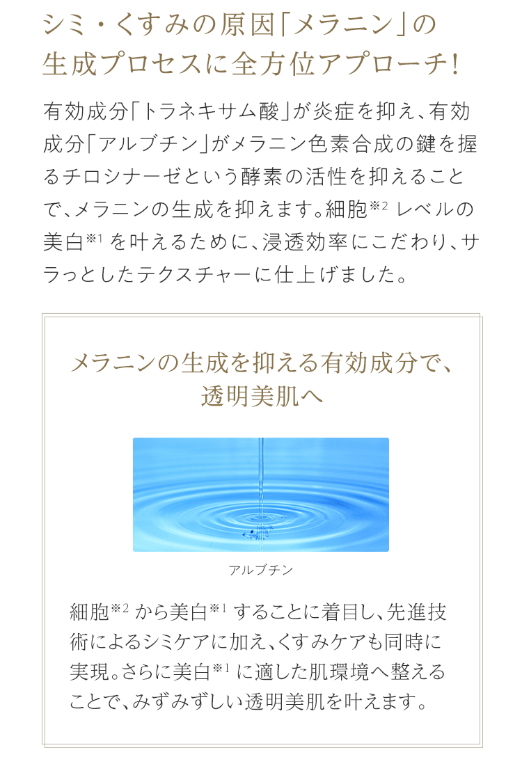 シミ・くすみの原因「メラニン」の生成プロセスに全方位アプローチ！ 有効成分「トラネキサム酸」が炎症を抑え、有効成分「アルブチン」がメラニン色素合成の鍵を握るチロシナーゼという酵素の活性を抑えることで、メラニンの生成を抑えます。細胞※2レベルの美白※1を叶えるために、浸透効率にこだわり、サラっとしたテクスチャーに仕上げました。 メラニンの生成を抑える有効成分で、透明美肌へ 細胞※2から美白※1することに着目し、先進技術によるシミケアに加え、くすみケアも同時に実現。さらに美白※1に適した肌環境へ整えることで、みずみずしい透明美肌を叶えます。