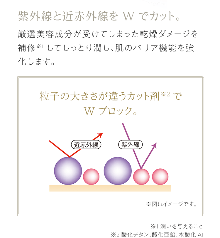 紫外線と近赤外線をWでカット。厳選美容成分が受けてしまった乾燥ダメージを補修※1してしっとり潤し、肌のバリア機能を強化します。 粒子の大きさが違うカット剤※2でWブロック。 ※図はイメージです。 ※1 潤いを与えること ※2 酸化チタン、酸化亜鉛、水酸化AI