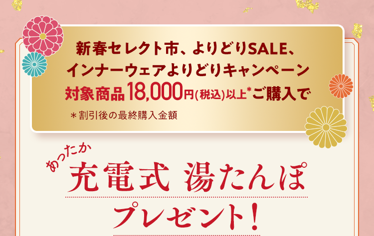 新春セレクト市、よりどりSALE、インナーウェアよりどりキャンペーン 対象商品18,000円(税込)以上*ご購入で 充電式 湯たんぽ プレゼント！