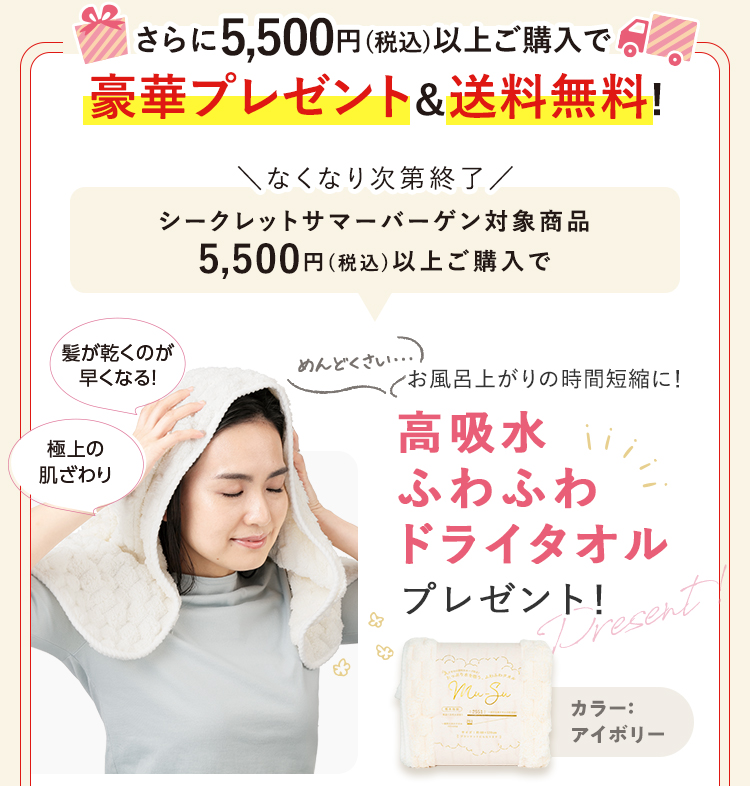 さらに5,500円(税込)以上ご購入で豪華プレゼント＆送料無料!｜高吸水ふわふわドライタオルプレゼント！