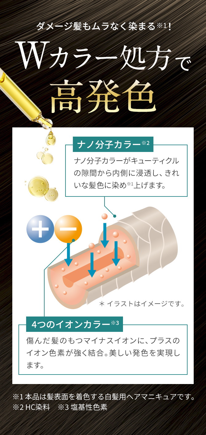 ダメージ髪もムラなく染まる！ Wカラー処方で高発色