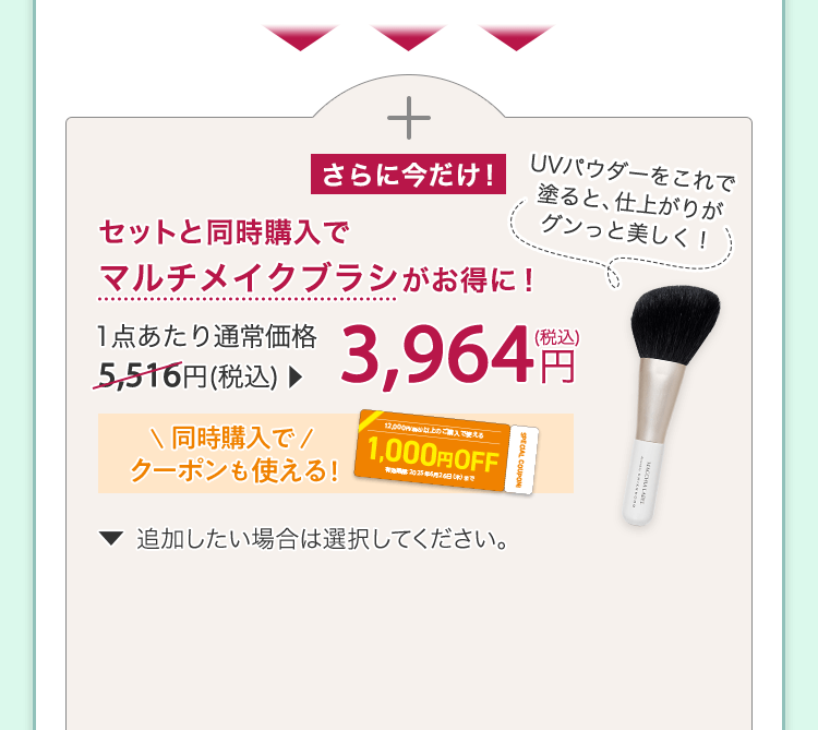さらに今だけ！セットと同時購入でマルチメイクブラシがお得に！ 1点あたり通常価格5,516円(税込)が3,964円(税込)