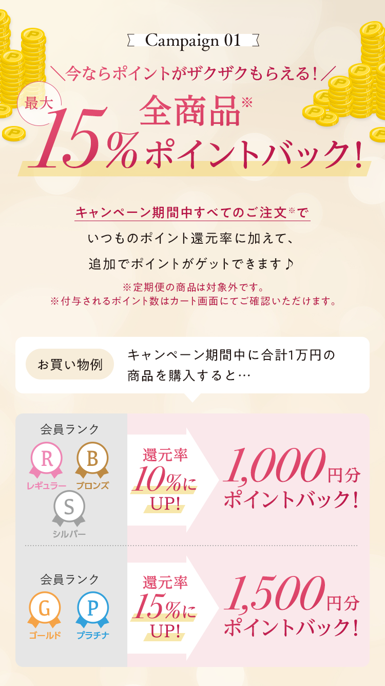Campaign 01 今ならポイントがザクザクもらえる！ 全商品最大15%ポイントバック