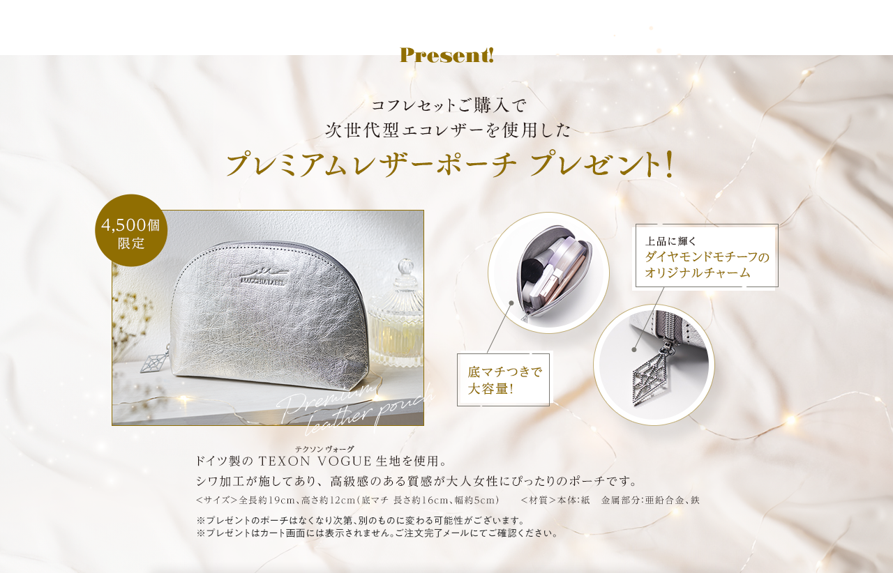 コフレセットご購入で次世代型エコレザーを使用したプレミアムレザーポーチ プレセント！