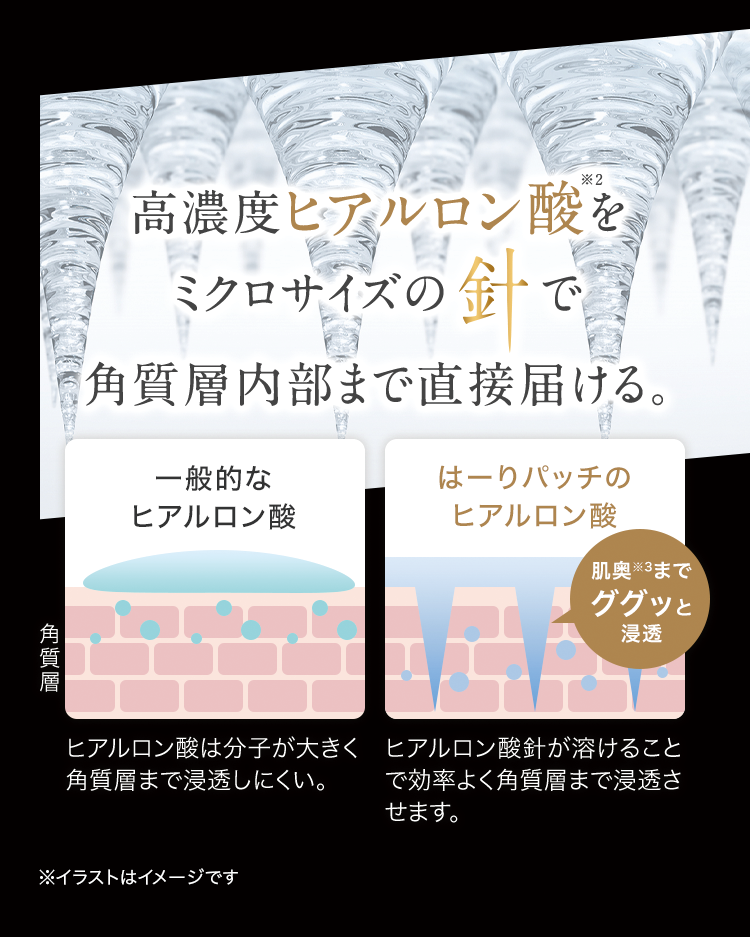 高濃度ヒアルロン酸をミクロサイズの針で角質層内部まで直接届ける。