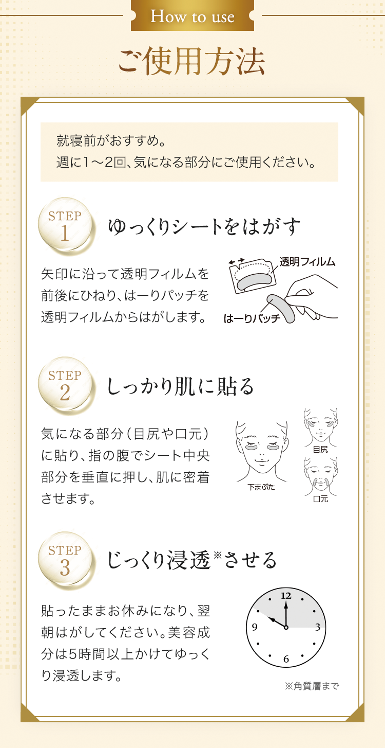[How to use]ご使用方法 就寝前がおすすめ。週に1～2回、気になる部分にご使用ください。