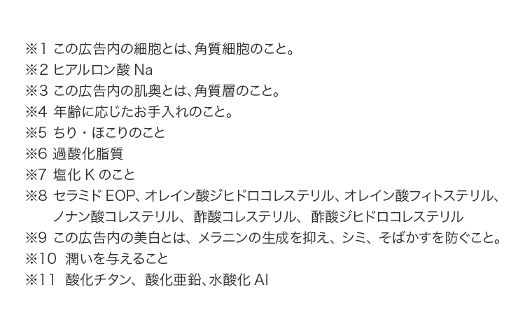 ※１ この広告内の細胞とは、⾓質細胞のこと。※２ ヒアルロン酸Na ※３ この広告内の肌奥とは、⾓質層のこと。※4 年齢に応じたお⼿⼊れのこと。※5 ちり・ほこりのこと※6 過酸化脂質※7 塩化Kのこと ※8 セラミドEOP、オレイン酸ジヒドロコレステリル、オレイン酸フィトステリル、ノナン酸コレステリル、酢酸コレステリル、酢酸ジヒドロコレステリル ※9 この広告内の美⽩とは、メラニンの⽣成を抑え、シミ、そばかすを防ぐこと。※10 潤いを与えること※ 11 酸化チタン、酸化亜鉛、⽔酸化Al