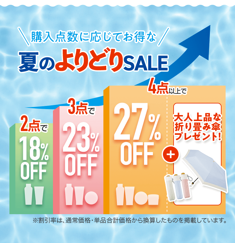 購入点数に応じてお得な 夏のよりどりSALE 2点で18%OFF・3点で23%OFF・4点以上で27%OFF＋大人上品な折り畳み傘プレゼント！