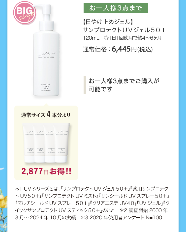 【日やけ止めジェル】
						サンプロテクトＵＶジェル５０＋
						120mL　◎1日1回使用で約4～6ヶ月 通常価格：6,445円(税込)
