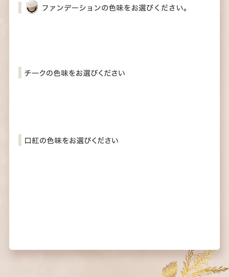 ファンデーションの色味、チークの色味、口紅の色味をお選びください。