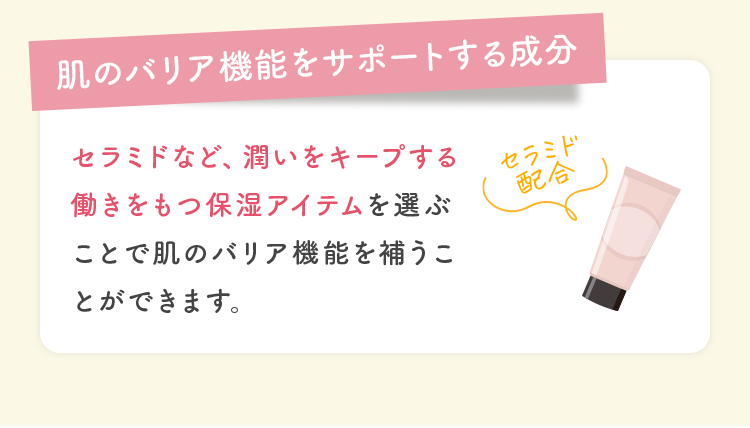 肌のバリア機能をサポートする成分 セラミドなど、潤いをキープする働きをもつ保湿アイテムを選ぶことで肌のバリア機能を補うことができます。