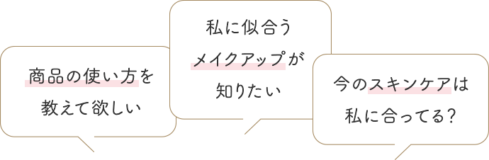 商品の使い方を教えて欲しい 私に似合うメイクアップが知りたい 今のスキンケアは私に合ってる？