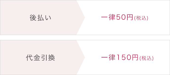 後払い：一律50円(税込)／代金引換：一律150円(税込)